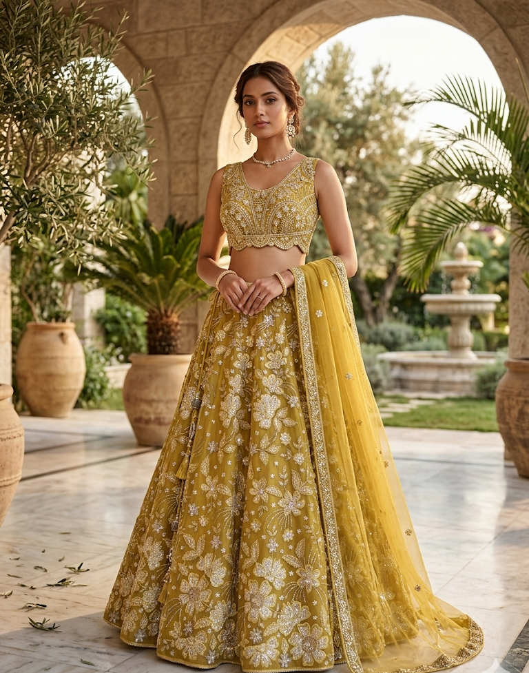 Mustard Yellow Embroidered Net Lehenga Set with Dupatta